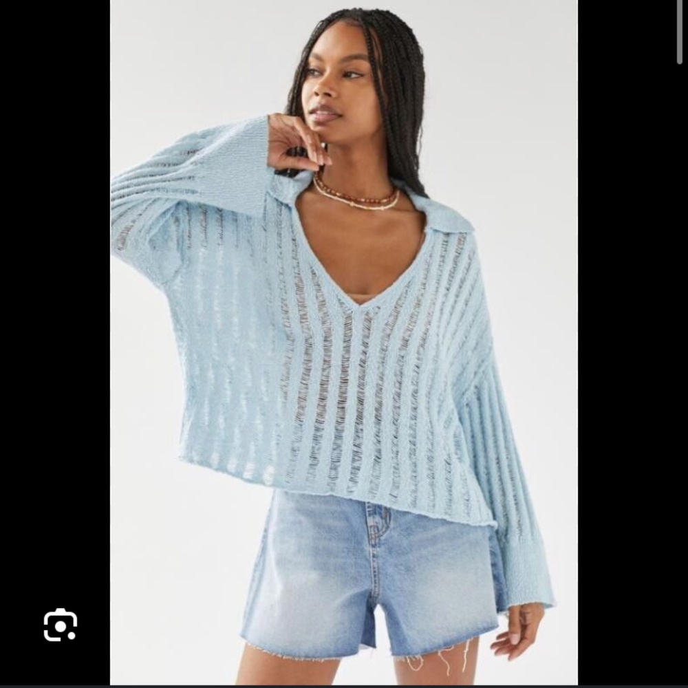 BDG UO For Ever Baby Torn Woven Textured Polo Sweater Medium M Bell Sleeve